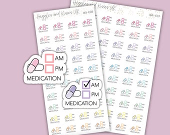 May include: A sheet of colorful medication reminder stickers with pill icons and checkboxes for AM and PM. The stickers are designed to help people remember to take their medication on time.