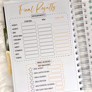 May include: A spiral-bound planner open to a page titled "Final Results." The page includes sections for measurements like height, weight, and BMI, with spaces to record starting and current values, and total loss. There is also a section for goals achieved.