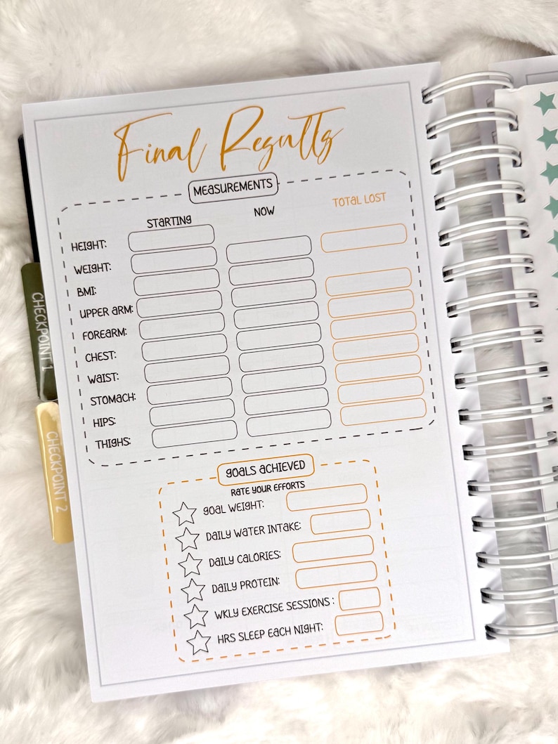 May include: A spiral-bound planner open to a page titled "Final Results." The page includes sections for measurements like height, weight, and BMI, with spaces to record starting and current values, and total loss. There is also a section for goals achieved.