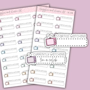 May include: A set of 24 printable stickers featuring a retro television design. The stickers are in pink, blue, and gray colors. The stickers have the text "Started Watching" and "Currently Watching" with a blank space for writing.