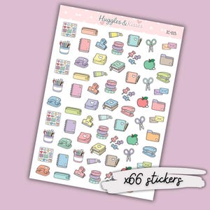 May include: A sheet of colourful planner stickers featuring various stationery items. The stickers include pencils, notebooks, binder clips, washi tape, drawing pins, apples, scissors, staplers, and envelopes. The sheet has the text "x66 stickers" and the brand name "Huggles & Kisses".