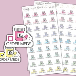 May include: Two sticker sheets with colourful illustrations of pill bottles and the text "Order Meds". One sheet has a tick and the other has a square.