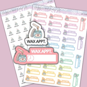 May include: Two sheets of planner stickers with a light purple background. The stickers feature the text "WAX APPT." and illustrations of a wax pot. The stickers are in various pastel colors.
