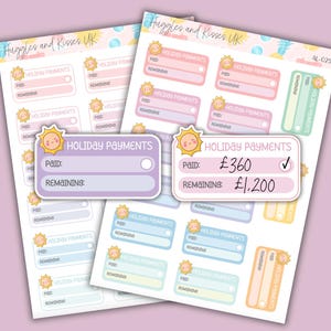 May include: A set of 10 colourful stickers with a sun design. Each sticker has a section for "Paid" and "Remaining" with a blank space to write in the amount. The stickers are designed for tracking holiday payments.