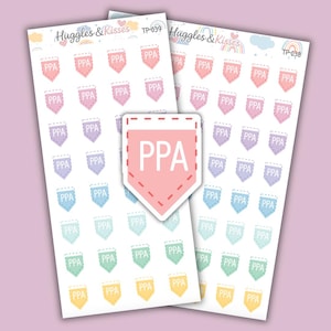 May include: Two sheets of planner stickers featuring pennant flags in pastel shades of pink, purple, blue, green, and yellow, each with "PPA" printed on them. The brand name "Huggles & Kisses" is at the top of the sheets.