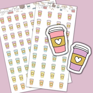 Könnte beinhalten: Eine Blatt mit bunten Kaffeetassen-Aufklebern mit einem Herz-Design. Die Aufkleber sind in Reihen und Spalten auf einem weißen Hintergrund angeordnet. Es gibt zwei größere Aufkleber mit dem gleichen Design, einen rosa und einen lila.
