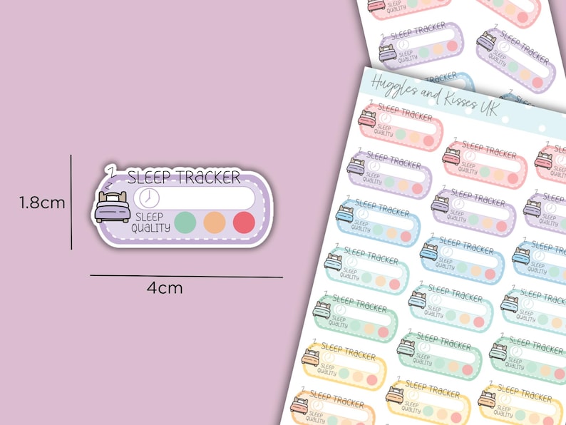 May include: A set of 16 colorful sleep tracker stickers with a bed and clock design. Each sticker has a space to write in the date and a sleep quality rating scale. The stickers are 1.8 cm by 4 cm.
