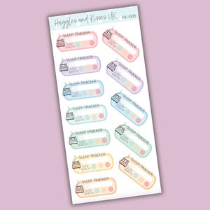 May include: A set of ten pastel-colored sleep tracker stickers with a bed icon and a sleep quality rating scale. The stickers are labeled "Sleep Tracker" and have a space for writing in the sleep quality.