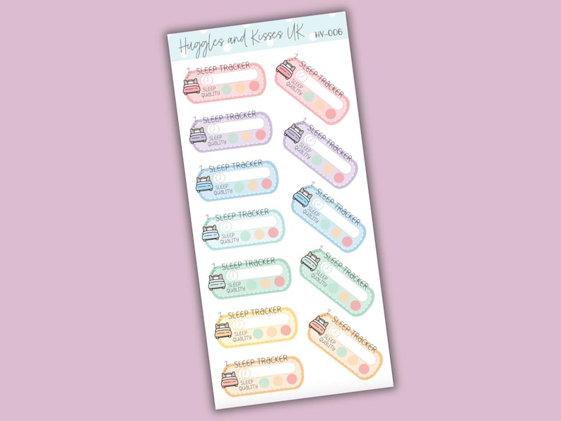 May include: A set of ten pastel-colored sleep tracker stickers with a bed icon and a sleep quality rating scale. The stickers are labeled "Sleep Tracker" and have a space for writing in the sleep quality.