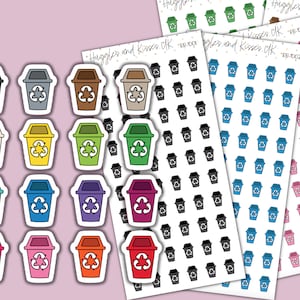 May include: A set of 10 sheets of stickers featuring a recycling bin design in various colours, including black, grey, brown, yellow, green, blue, purple, pink, red, and orange. Each sheet has a repeating pattern of the recycling bin design. The sheets are labelled with the text "Huggles and Kisses CK" and a unique code.