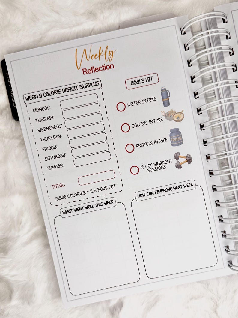May include: A white spiral-bound planner open to a "Weekly Reflection" page. The page includes sections for tracking calorie intake, water intake, and workout sessions. The text "Goals Hit" is visible, along with illustrations of a water bottle, food, protein powder, and dumbbells.