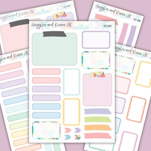 May include: A selection of planner stickers in pastel colours, including pink, blue, yellow, and green. The stickers feature various shapes such as rectangles, rounded rectangles, and decorative tape. Floral accents are present. The text "Huggles and Kisses UK" is visible on the stickers.