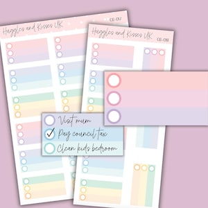 May include: A set of pastel colored printable planner stickers with a checklist and a to-do list. The stickers feature a rainbow gradient design and include the text "Visit mum", "Pay council tax", and "Clean kids bedroom".