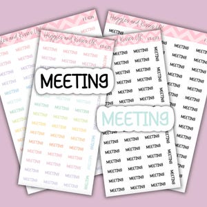 May include: Four sheets of stickers with the word "MEETING" printed repeatedly in black and in various pastel colors. The stickers are arranged on a light purple background. The brand name "Huggles and Kisses UK" is printed at the top of each sheet.