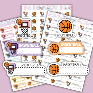 May include: Sheets of basketball-themed stickers with various designs. The stickers feature basketballs, hoops, and the word "Basketball." Some stickers have space for writing. The color palette includes orange, pink, purple, and white.