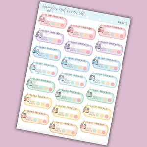 May include: A sheet of colorful stickers with a bed icon and the text "Sleep Tracker" and "Sleep Quality". The stickers are designed for tracking sleep patterns and quality.