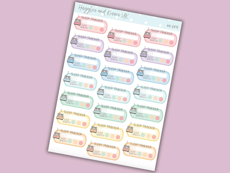 May include: A sheet of colorful stickers with a bed icon and the text "Sleep Tracker" and "Sleep Quality". The stickers are designed for tracking sleep patterns and quality.
