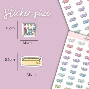 May include: A sheet of colourful airplane stickers and two individual stickers. One sticker is a square with hearts, stars, and other shapes, measuring 1.5cm x 1.5cm. The other is a yellow pencil case sticker with a heart, measuring 0.9cm x 1.8cm.