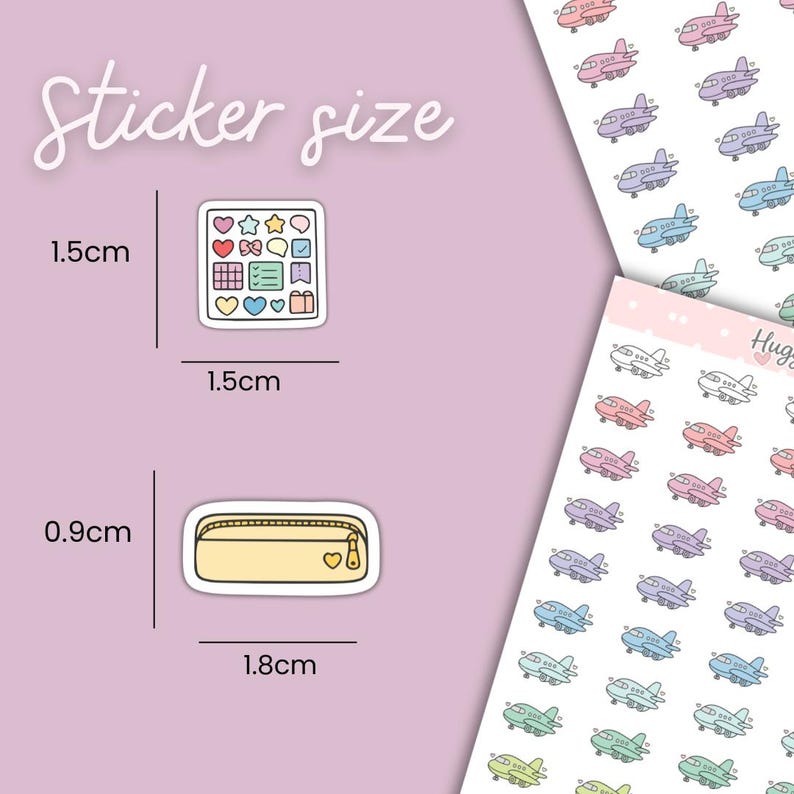May include: A sheet of colourful airplane stickers and two individual stickers. One sticker is a square with hearts, stars, and other shapes, measuring 1.5cm x 1.5cm. The other is a yellow pencil case sticker with a heart, measuring 0.9cm x 1.8cm.
