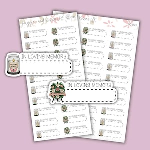 May include: Sticker sheets with the text "In Loving Memory". The stickers feature illustrations of a candle, a wreath, and small jars. The background is a pale pink colour.