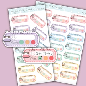May include: A set of 10 colorful sleep tracker stickers with a bed icon and a sleep quality rating scale. The stickers are designed for use in a planner or journal to track sleep duration and quality.