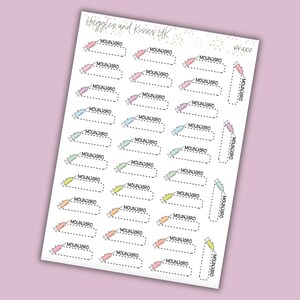 May include: A sheet of stickers with a light purple background. The stickers feature a syringe design in various pastel colors, each with the word "MOUNJ3RO" above a dotted rectangle. The sheet has the text "Higgles and Kisses UK" and "IV-007".