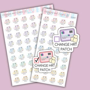 May include: Two sheets of stickers with a pastel pink background. Each sheet has 36 stickers with a cartoon illustration of a patch. The stickers say "Change HRT Patch". One sticker has a tick and the other has a cross.
