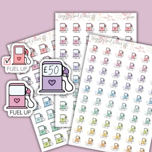 Könnte beinhalten: Ein Blatt mit bunten Aufklebern, die eine Zapfsäule mit einem Herzmotiv zeigen. Die Aufkleber zeigen "Fuel Up" und "£50".