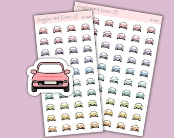 May include: A sheet of colorful car stickers with a larger sticker of a pink car in the foreground. The stickers are arranged in rows and columns on a white background. The text "Huggles and Kisses UK" and "GC-008" are printed on the sheet.