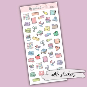 May include: A sheet of pastel-coloured stickers featuring stationery items such as notebooks, pencils, scissors, and staplers. The stickers have heart and decorative designs. The sheet includes the text "x45 stickers".