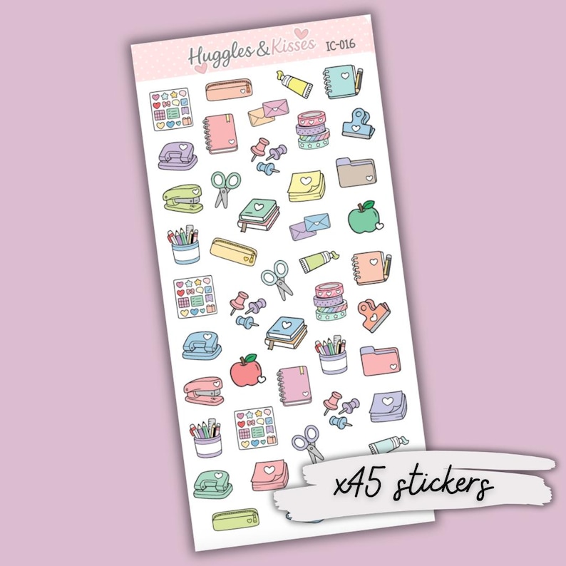 May include: A sheet of pastel-coloured stickers featuring stationery items such as notebooks, pencils, scissors, and staplers. The stickers have heart and decorative designs. The sheet includes the text "x45 stickers".