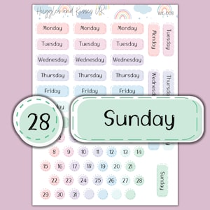 May include: A set of colourful planner stickers with days of the week, numbers, and the word "Sunday". The stickers are in pastel colours with a rainbow and cloud design.