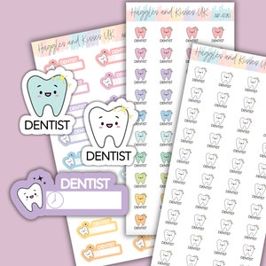 May include: A set of colourful tooth-shaped stickers with the word "Dentist" on them. The stickers are ideal for planners, journals, and other creative projects.