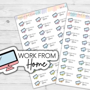 May include: Two sheets of stickers with a computer monitor icon and the text "WORK FROM HOME" in various pastel colors. The stickers are on a white wood background.