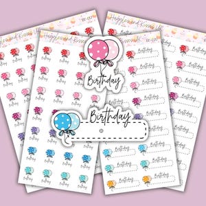May include: Sheets of birthday stickers with balloon and text designs. The stickers feature balloons in various colours, including pink, blue, and red, with polka dots. The word "Birthday" is written in cursive.