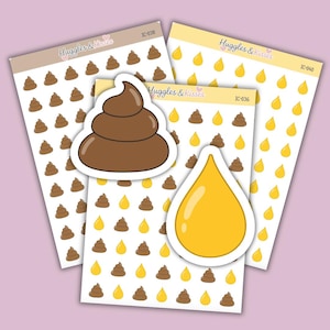 May include: Three sticker sheets labeled Huggles & Kisses with codes IC-038, IC-036, and IC-040. The sheets feature repeating patterns of brown poop emojis and yellow water drop emojis, with two large die-cut stickers of the same icons.
