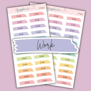 May include: Two sheets of planner stickers featuring the text Work in black cursive script on colourful brushstroke backgrounds in shades of pink, purple, blue, green, yellow, and orange, with the brand name Huggles & Kisses at the top.