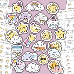 May include: A set of 20 colorful weather-themed stickers featuring cute cartoon characters. The stickers include a variety of weather conditions, such as sunshine, rain, snow, clouds, and rainbows. The stickers are perfect for adding a touch of whimsy to planners, journals, and other items.