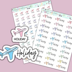May include: A sheet of colourful stickers featuring a plane with the word "Holiday" written on it. The stickers are perfect for planners, journals, and other craft projects.