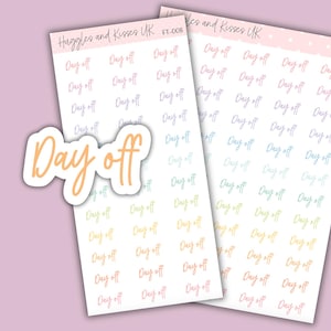 May include: Two sheets of stickers with the text "Day off" repeated in various pastel colours. The stickers are designed for use in a planner or journal.