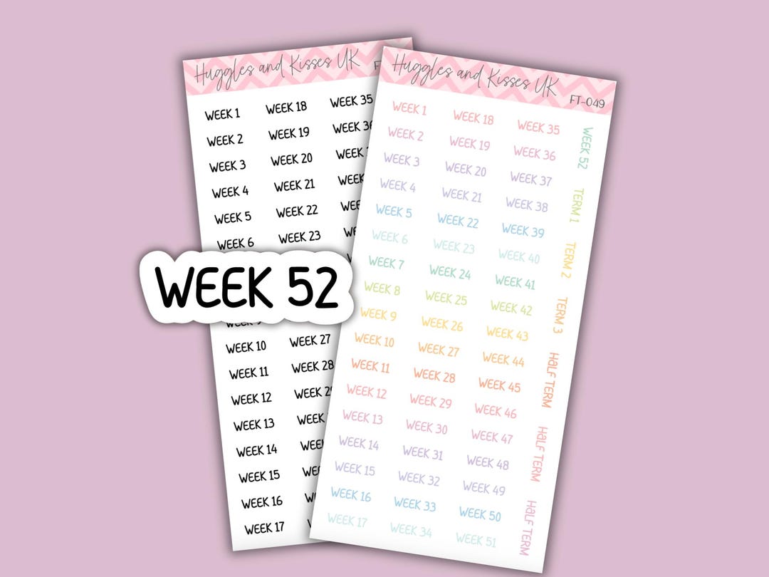 Week 1 to 52 Fonts / Script Planner Stickers | Black or Coloured ...