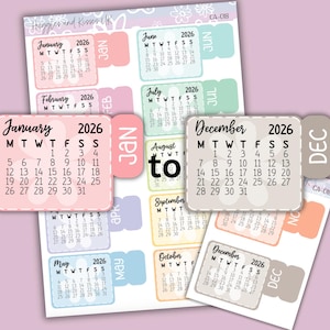 May include: Calendar stickers for 2026, featuring months from January to December. Each sticker has a month name, the year, and a calendar grid. The stickers are in various pastel colours with a decorative design.