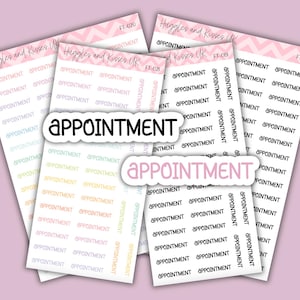 May include: A selection of appointment stickers featuring the word "appointment" in different styles. The stickers are on white backgrounds with the word "appointment" repeated. The background is a pale pink colour.