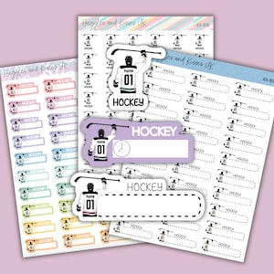 May include: A set of hockey-themed planner stickers featuring a hockey player in a black and white jersey with the number "01" on the back. The stickers include a variety of sizes and shapes, including a large banner with the word "HOCKEY" and a smaller sticker with a clock icon. The stickers are printed on white paper with a rainbow background.