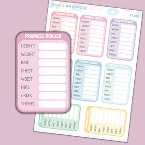 May include: A printable progress tracker sheet with multiple sections for tracking height, weight, BMI, chest, waist, hips, arms, and thighs. The sheet is designed with pastel colours and a dotted border.