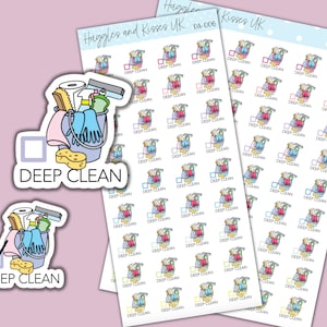 May include: A sheet of stickers featuring a cartoon illustration of a bucket filled with cleaning supplies. The stickers say "Deep Clean" and have a tick box next to them.
