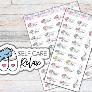May include: A sheet of colourful stickers featuring a pair of slippers with a sleep mask on top. The stickers say "Self Care Relax" in a white font.