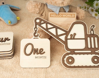 Construction Crane Baby Monthly Milestone Sign: Wooden Photo Props