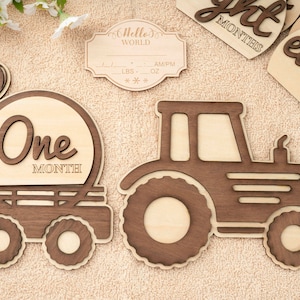 Tracteur vintage Milestone mensuel pour bébé. Tracteur de jeu de panneaux mensuels pour bébé. Bonjour tout le monde signe mensuel. Jalon mensuel des accessoires photo pour nouveau-nés.