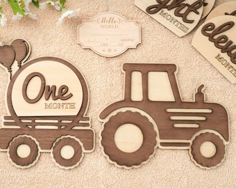 Baby Monthly Milestone Vintage  Tractor. Baby Monthly Sign Set Tractor. Hello World Monthly Sign. Newborn Photo Props Monthly Milestone.
